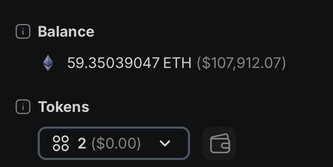 The image shows a crypto wallet balance of 59.35039047 ETH ($107,912.07) with 2 tokens. The post claims SCATMAN's developer rugged 60 ETH in a single clip, and the wallet screenshot—displaying roughly that amount of Ethereum—appears to serve as evidence of the alleged rug pull's proceeds.