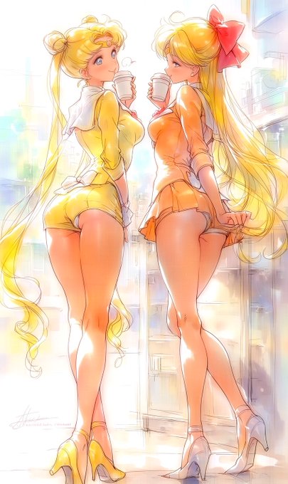 Anime illustration of two blonde girls in yellow and orange outfits holding coffee cups, depicted with long flowing hair and high heels.