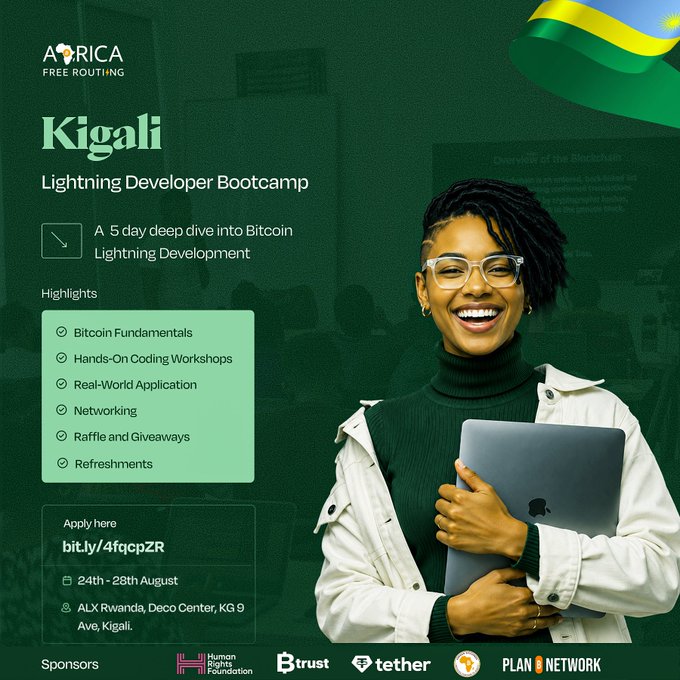 A promotional flyer for the 'Africa Free Routing' Kigali Lightning Developer Bootcamp, a 5-day Bitcoin Lightning development event held August 24-28 at ALX Rwanda, Deco Center, KG 9 Ave, Kigali, featuring a smiling woman holding a laptop and sponsored by Human Rights Foundation, Btrust, Tether, and Plan B Network.