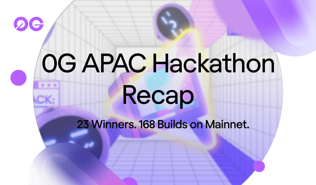 Promotional graphic for '0G' titled 'OG APAC Hackathon Recap' with the subtitle '23 Winners. 168 Builds on Mainnet.'