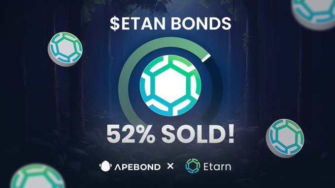 A promotional graphic for '$ETAN BONDS' stating '52% SOLD!' with logos for APEBOND and Etarn against a dark forest background.