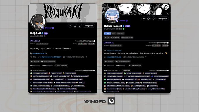 Two Warpcast profile cards are displayed side by side showing the accounts @kaijukaki (with a themed cover featuring "KATJUKAKI" text) and @oekakiconnect (tagged as "Discover" with an anime-style header), both powered by @FountxLevr. The cards display key metrics including 1,415-1,416 followers, 98.3% follower coverage, and member counts (37 and 167 Smart Followers), supporting the announcement of an upcoming NFT collaboration between the two accounts with mint dates in July 2026.