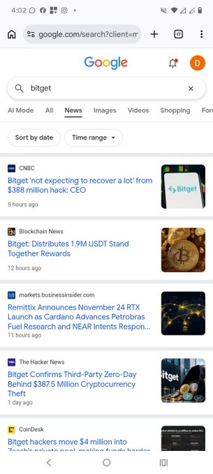 A Google search results page for 'bitget' on a mobile device, showing news articles including 'Bitget 'not expecting to recover a lot' from $388 million hack: CEO'.