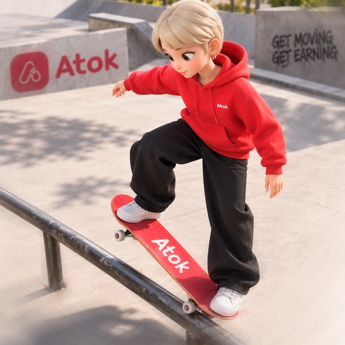 A 3D-rendered character in a red 'Atok' hoodie and black pants performs a skateboard grind trick, with the Atok logo visible on a skatepark ramp and the text 'GET MOVING GET EARNING' on the wall.