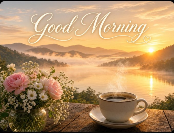 A serene "Good Morning" greeting card features a steaming cup of coffee on a wooden table beside a vase of flowers, overlooking a misty lake and mountains at sunrise.