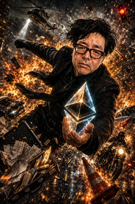 A stylized action movie poster showing a man with glasses holding a glowing Ethereum logo crystal amid an explosive background of helicopters, money, and debris.