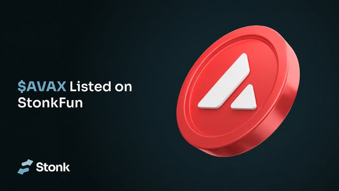 A dark gray themed promotional graphic announces "$AVAX Listed on StonkFun," featuring a 3D red Avalanche (AVAX) coin logo on the right. The Stonk logo appears in the bottom left corner, tying into the post's announcement about launching AVAX-paired tokens on the StonkFun platform via stonkfun.xyz/launch.