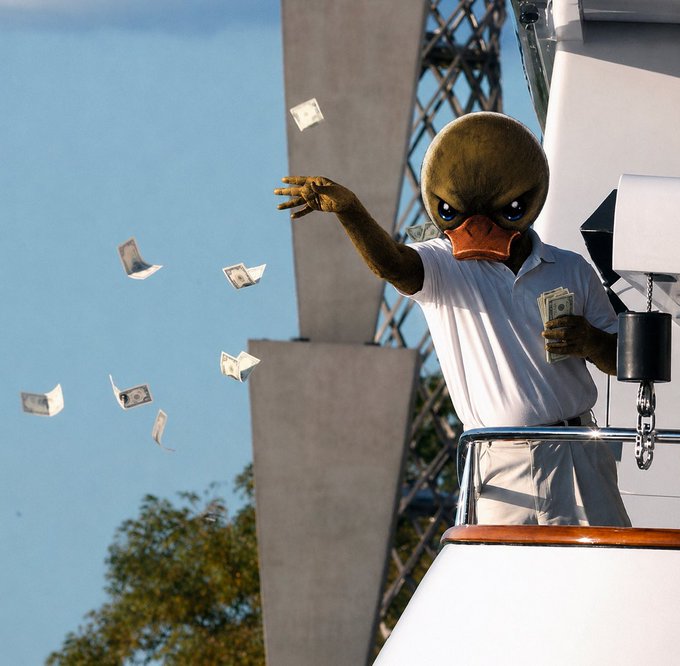 A surreal image of a duck character wearing a white polo shirt, tossing dollar bills into the air from what appears to be a boat or yacht.
