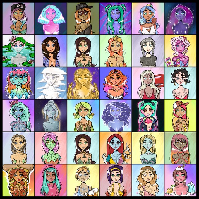 A grid of 36 colorful, stylized anime character portraits featuring various designs, hairstyles, and magical or fantasy-themed appearances.
