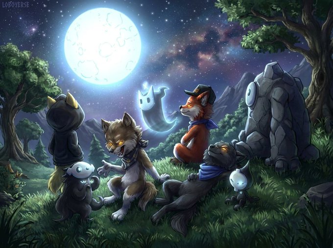 A digital fantasy illustration by Lofverse featuring anthropomorphic characters including wolves, a fox, a cat, and ghosts gathered under a full moon in a nighttime forest setting.