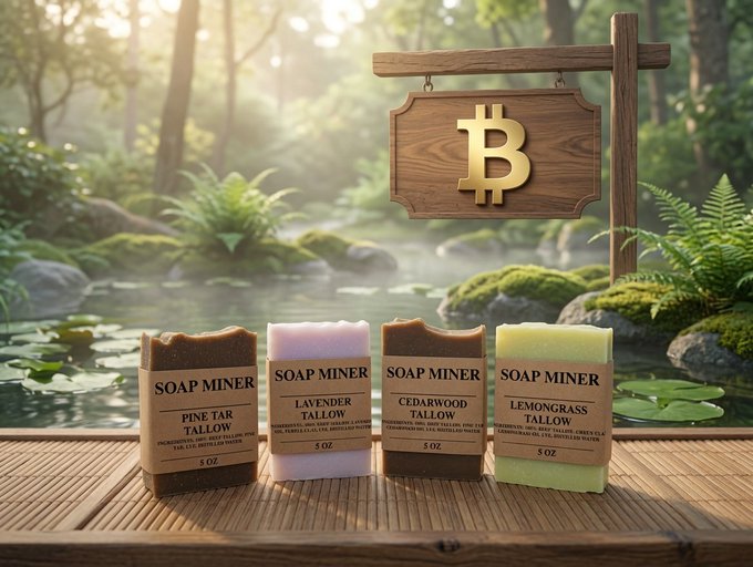 Four bars of artisan soap labeled 'SOAP MINER' (Pine Tar Tallow, Lavender Tallow, Cedarwood Tallow, and Lemongrass Tallow) sit on a wooden table with a hanging sign featuring a Bitcoin symbol.