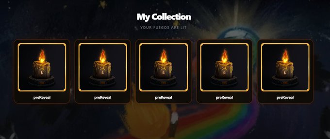 Screenshot of a digital 'My Collection' page from a Fuego NFT platform, displaying five identical 'prereveal' tokens featuring a lit candle.
