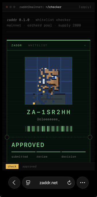 A screenshot of a terminal-based whitelist checker called "zaddr" displays an approved status for the wallet address "ZA-1SR2HH" with the username "@oleeeeeee_", featuring a pixel art fox character. The image serves as visual confirmation of the user's whitelist approval for the Zaddr NFT project on Zcash's Orchard pool mainnet, where 2,800 faces are being minted.