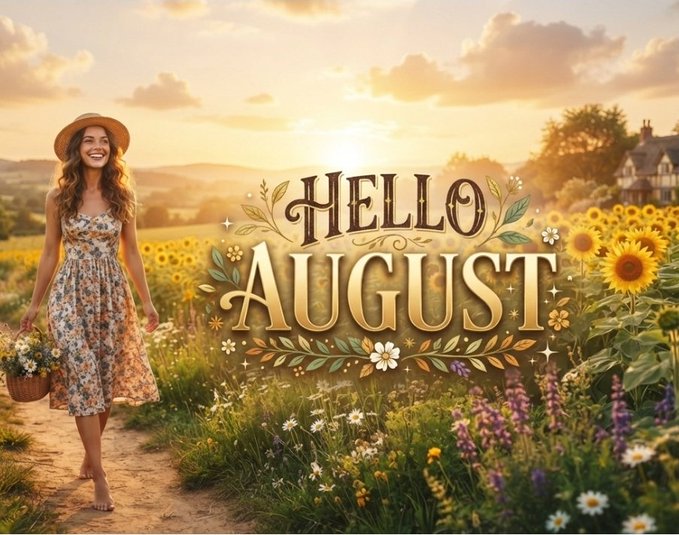A cheerful woman in a floral dress and sun hat carries a basket of flowers through a vibrant field of sunflowers and wildflowers, with the text 'HELLO AUGUST' displayed in elegant gold lettering over a warm sunset landscape.