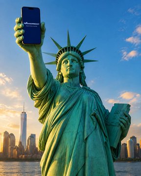A digital artwork depicting the Statue of Liberty holding a smartphone displaying "ConstitutionDAO" instead of a torch, with the New York City skyline in the background.