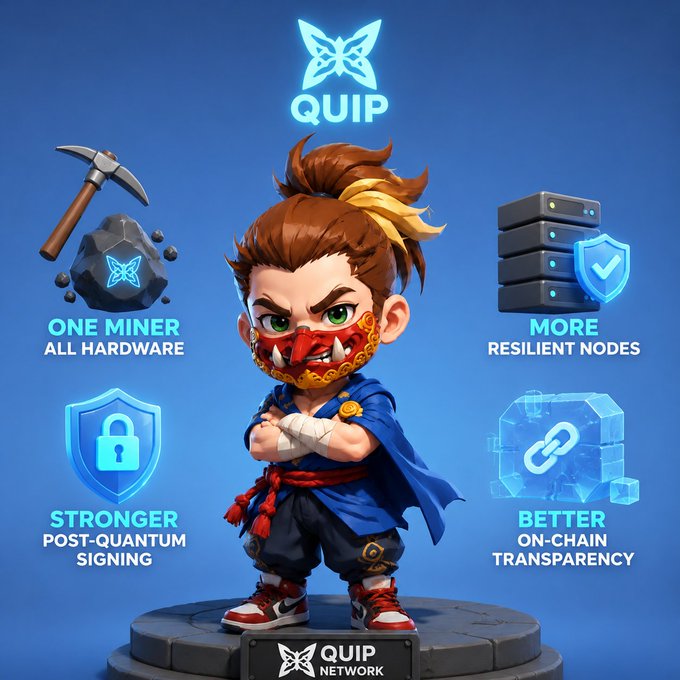 A promotional graphic for 'QUIP NETWORK' featuring a chibi-style warrior character with text highlighting features: 'ONE MINER ALL HARDWARE', 'MORE RESILIENT NODES', 'STRONGER POST-QUANTUM SIGNING', and 'BETTER ON-CHAIN TRANSPARENCY'.