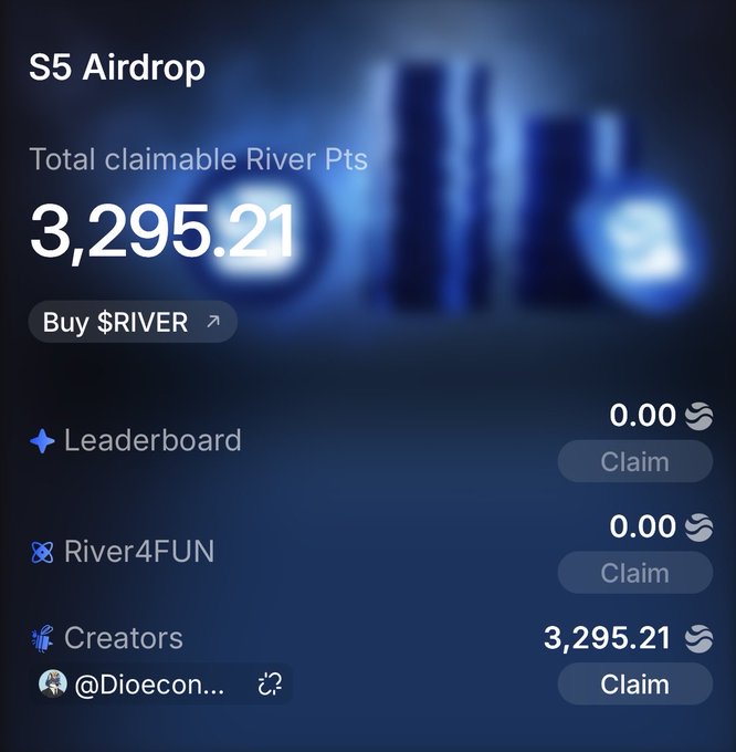 S5 Airdrop interface showing total claimable River Pts of 3,295.21 with a Buy $RIVER button and options to claim Leaderboard, River4FUN, and Creators points.