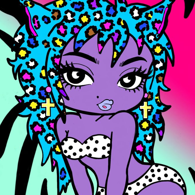 A vibrant cartoon illustration features a purple-skinned character with blue leopard-print hair and cross earrings, wearing a polka-dot bikini top.