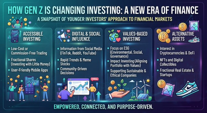 The image is an infographic titled "HOW GEN Z IS CHANGING INVESTING: A NEW ERA OF FINANCE" with the subtitle "A SNAPSHOT OF YOUNGER INVESTORS' APPROACH TO FINANCIAL MARKETS," organized into four key categories: Accessible Investing (low-cost commission-free trading, fractional shares, user-friendly apps), Digital & Social Influence (social media platforms like FinTok, Reddit, YouTube, meme stocks, community-driven decisions), Values-Based Investing (ESG focus, impact investing, supporting sustainable companies), and Alternative Assets (cryptocurrencies, DeFi, NFTs, digital collectibles, fractional real estate)—all summarized as "EMPOWERED, CONNECTED, AND PURPOSE-DRIVEN."

The infographic visually reinforces the post's message about Gen Z entering markets early through accessible tools like Binance, highlighting their tech-native approach via social platforms and alternative assets such as crypto and NFTs.