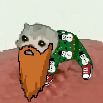 Pixel art depiction of a bearded character with gray hair on top, wearing green holiday pajamas decorated with snowmen patterns and red sneakers.