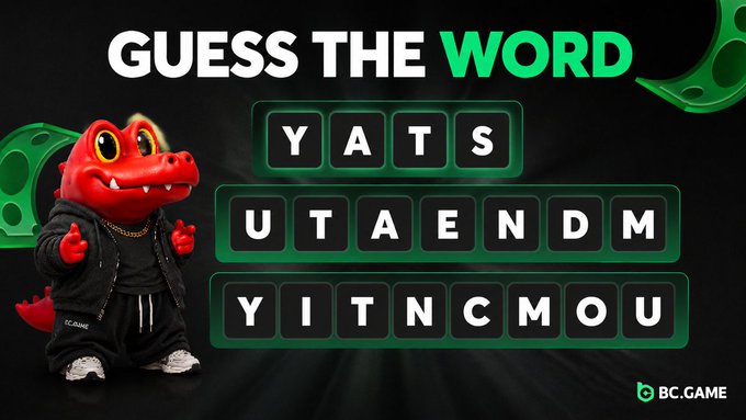 The image displays a "GUESS THE WORD" word puzzle challenge from BC.GAME, featuring a cartoon red crocodile mascot alongside three rows of scrambled letters: "YATS," "UTAENDM," and "YITNCMOU," inviting participants to unscramble the words for a chance to win bonuses.