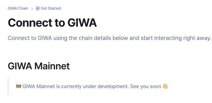 The image shows a "Connect to GIWA" documentation page with a "GIWA Mainnet" section stating that the mainnet is currently under development and not yet available, which contradicts the social media hype around @GIWA_by_Upbit mentioned in the post, suggesting the project's mainnet claims are premature despite the alleged $2 million in scam activity.