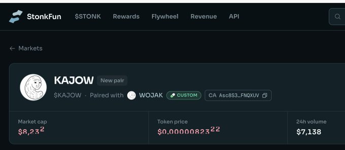 A dark-themed webpage for StonkFun showing market data for a token called 'KAJOW', with a market cap of $8,232 and a token price of $0.00000823.