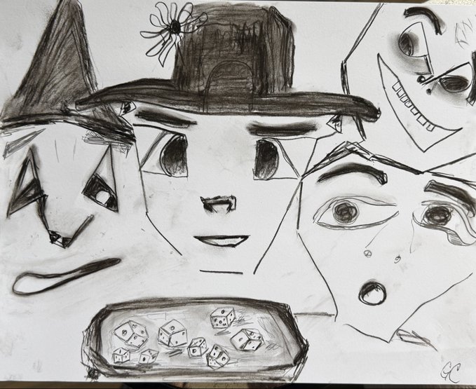 A sketch in pencil shows several stylized faces—including a cat-like figure wearing a tall top hat, a smiling character, and a wide-eyed face with tears—gathered around a tray of dice at the bottom, with no visible text. The imagery of multiple distinct faces and a game of chance loosely echoes the post's theme of bringing many different participants into a system (like crypto), where rolling the dice represents the unpredictable friction and risks of scaling adoption to Big Tech levels.