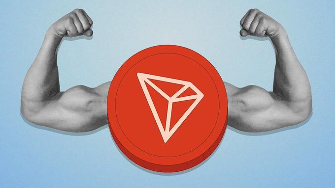 The image features a muscular man with his arms raised, wearing a coin that has the word "TRON" written on it. The coin is placed over his head, covering both of his eyes. This unusual combination creates an interesting visual effect, drawing attention to the coin and its message.