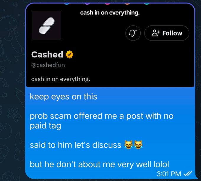 A Twitter DM conversation where 'Cashed' (@cashedfun) messages about a potential scam post opportunity.