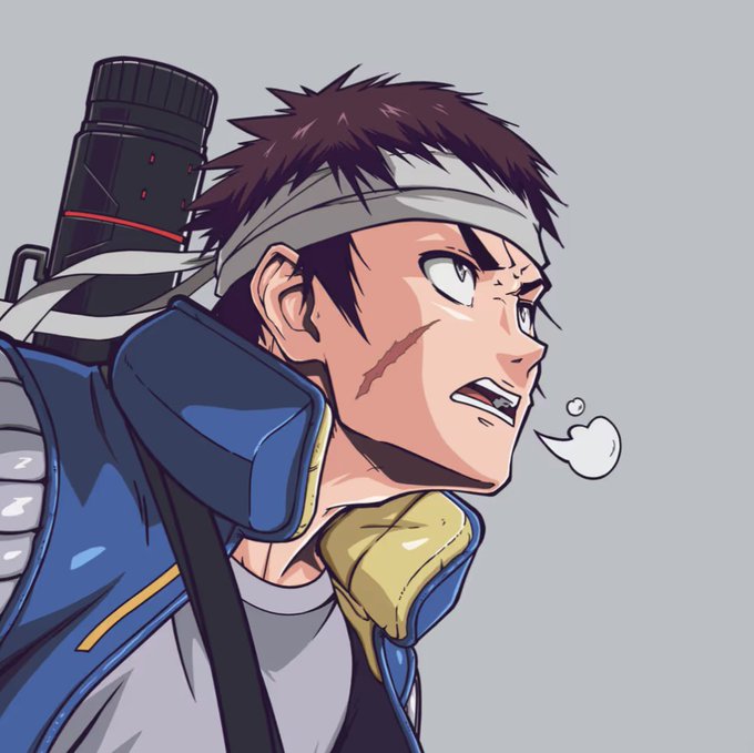 An anime-style illustration of a young man with brown hair, a headband, and a scar on his cheek, wearing blue and yellow armor and looking surprised with a small puff of air near his mouth.