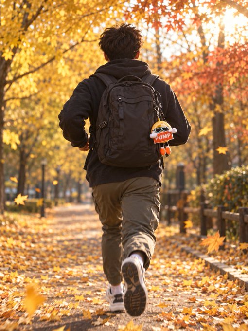 A person viewed from behind walking on a path covered in autumn leaves, wearing a black hoodie, backpack, and khaki pants, with a small plush keychain dangling from the backpack.
