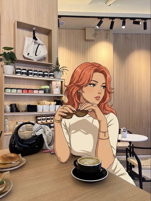 An anime-style illustration of a red-haired woman in a cream top holding sunglasses, seated at a café table with a latte.