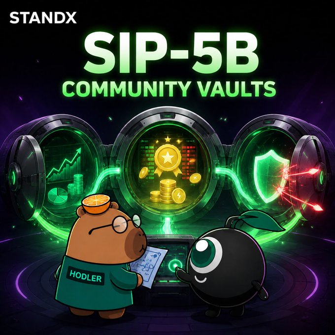 A promotional graphic for 'STANDX SIP-5B Community Vaults' featuring cartoon mascots labeled 'HODLER' and another character in front of glowing green vault doors with financial icons.