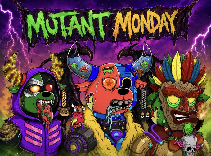 A colorful digital illustration titled 'MUTANT MONDAY' featuring three stylized mutant characters—a hooded figure, a demonic bear, and a tiki-masked warrior—set against a purple background with lightning.