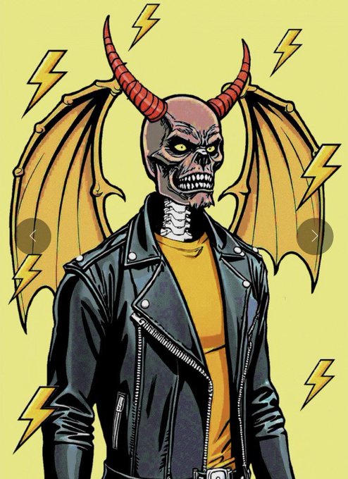 A skeletal demon figure with red horns, yellow bat-like wings, and a menacing grin wears a black leather jacket over a yellow shirt, surrounded by lightning bolts on a pale yellow background. The illustration serves as an unreleased teaser artwork from the SkellyKuntz NFT collection, which has already accumulated 159 mints.