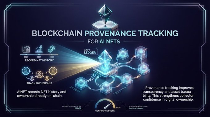 Infographic titled 'BLOCKCHAIN PROVENANCE TRACKING FOR AI NFTS' showing a glowing Ethereum logo and a network of interconnected cubes representing an AI NFT ledger, with sections for 'RECORD NFT HISTORY' and 'TRACK OWNERSHIP,' and a note that provenance tracking improves transparency and asset traceability.