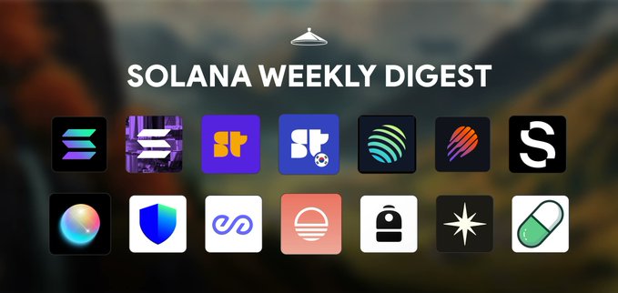 A promotional graphic titled "SOLANA WEEKLY DIGEST" featuring a grid of 14 colorful crypto and project logos against a blurred background, with a hanger icon at the top, visually representing the weekly Solana ecosystem highlights mentioned in the accompanying post.
