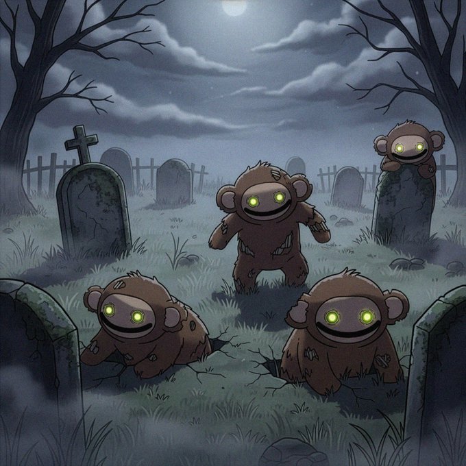 An illustration depicting four brown teddy bear-like creatures with glowing yellow eyes in a spooky graveyard setting under a full moon.