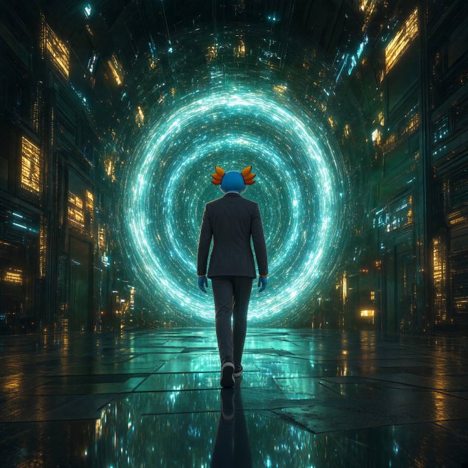 A figure in a dark suit with a blue spherical head and orange hair-like protrusions walks toward a glowing teal circular portal in a futuristic metallic environment.
