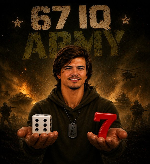 A movie-style poster titled '6710 ARMY' featuring a man in a hoodie holding a white dice and a red number 7, with military tanks and helicopters in the background.