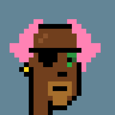 A pixel art portrait of a person with brown skin, pink afro-style hair, a dark hat, and a green tear or accent under one eye.