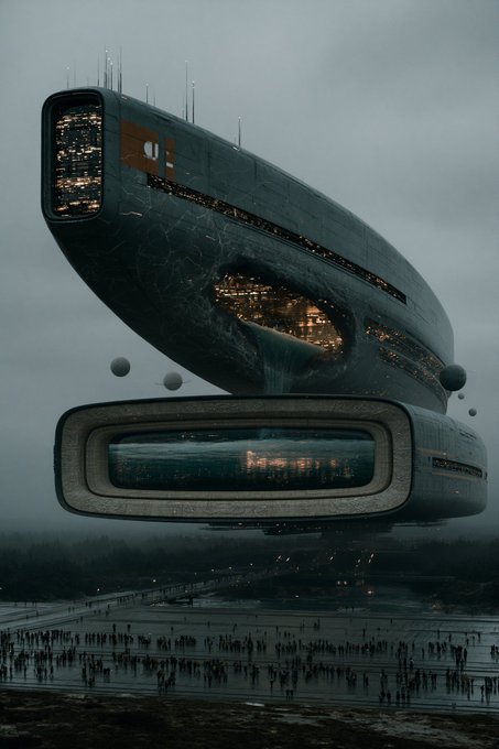 A sci-fi illustration of a massive futuristic floating structure or spaceship hovering over a landscape with crowds of people gathered below on a foggy day.