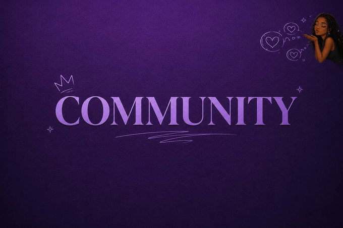 A purple graphic with the word 'COMMUNITY' in large letters, topped with a small crown icon, accompanied by a small illustration of a girl blowing hearts on the right side.