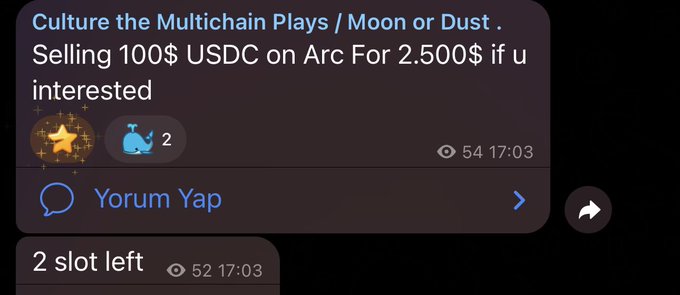 A Telegram message in the "Multichain Plays / Moon or Dust" group advertises someone selling $100 USDC on the Arc blockchain for $2,500, illustrating the absurd 25x premium being paid for USDC tokens following the Robinhood hype. The post highlights how this pricing reflects irrational speculation, with buyers essentially gambling on 1000x returns since no bridge exists to transfer the tokens to other chains.