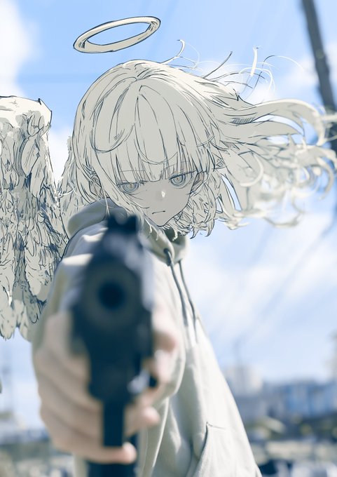 An anime-style illustration of a pale, blonde-haired angel character with a halo and wings, pointing a gun directly at the viewer against a bright blue sky background.