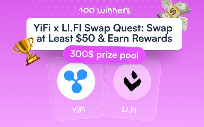 A promotional graphic for a 'YiFi x LI.FI Swap Quest' with a $300 prize pool and 100 winners, featuring YiFi and LI.FI logos on a purple background.