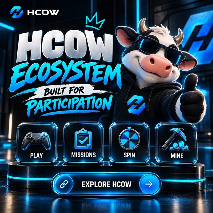 Promotional graphic for the 'HCOW Ecosystem - Built for Participation,' featuring a cartoon cow mascot in sunglasses giving a thumbs up, with gameplay features including Play, Missions, Spin, and Mine.