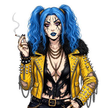 A digital illustration depicts a punk-style woman with blue hair in pigtails, facial tattoos, and a studded yellow jacket, holding a lit cigarette.