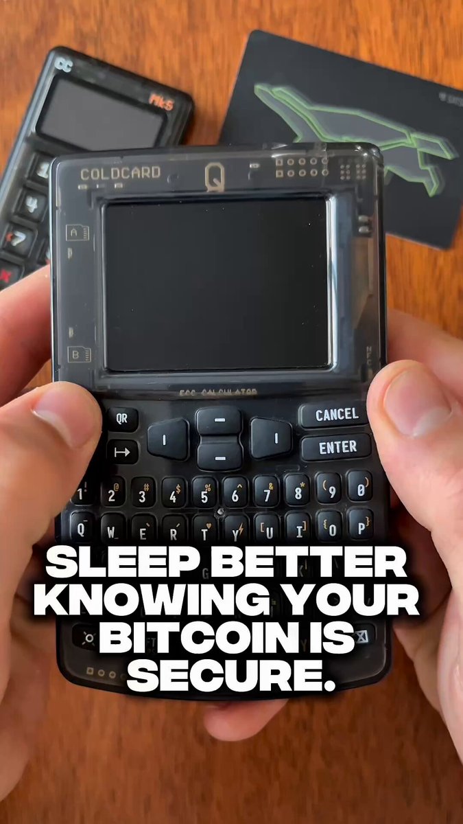 The image shows a person holding a black calculator with a screen that says "Self-custody isn't about making things harder. It's about staying in control." The calculator appears to be an old model, possibly from the early 2000s era when Bitcoin was first introduced. The person is using it for a sleep aid by reading the message on its screen and holding onto it while sleeping.